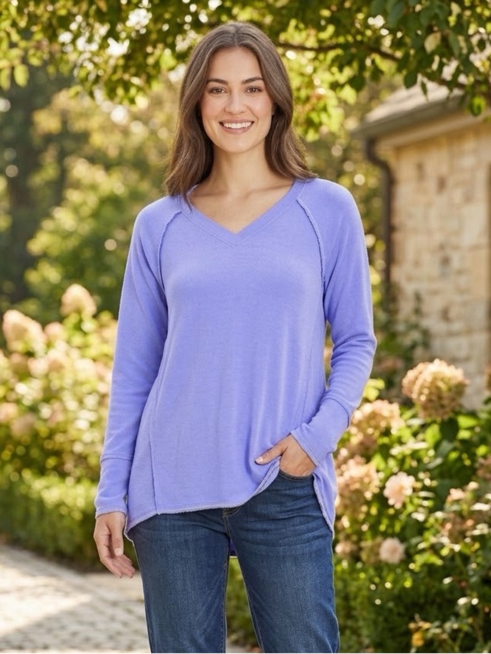 Wildfox Women’s Haley Brushed Top Purple Orchid Soft Waffle Knit V Neck Medium